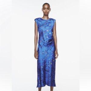 Zara NWT satin effect floral printed dress blue